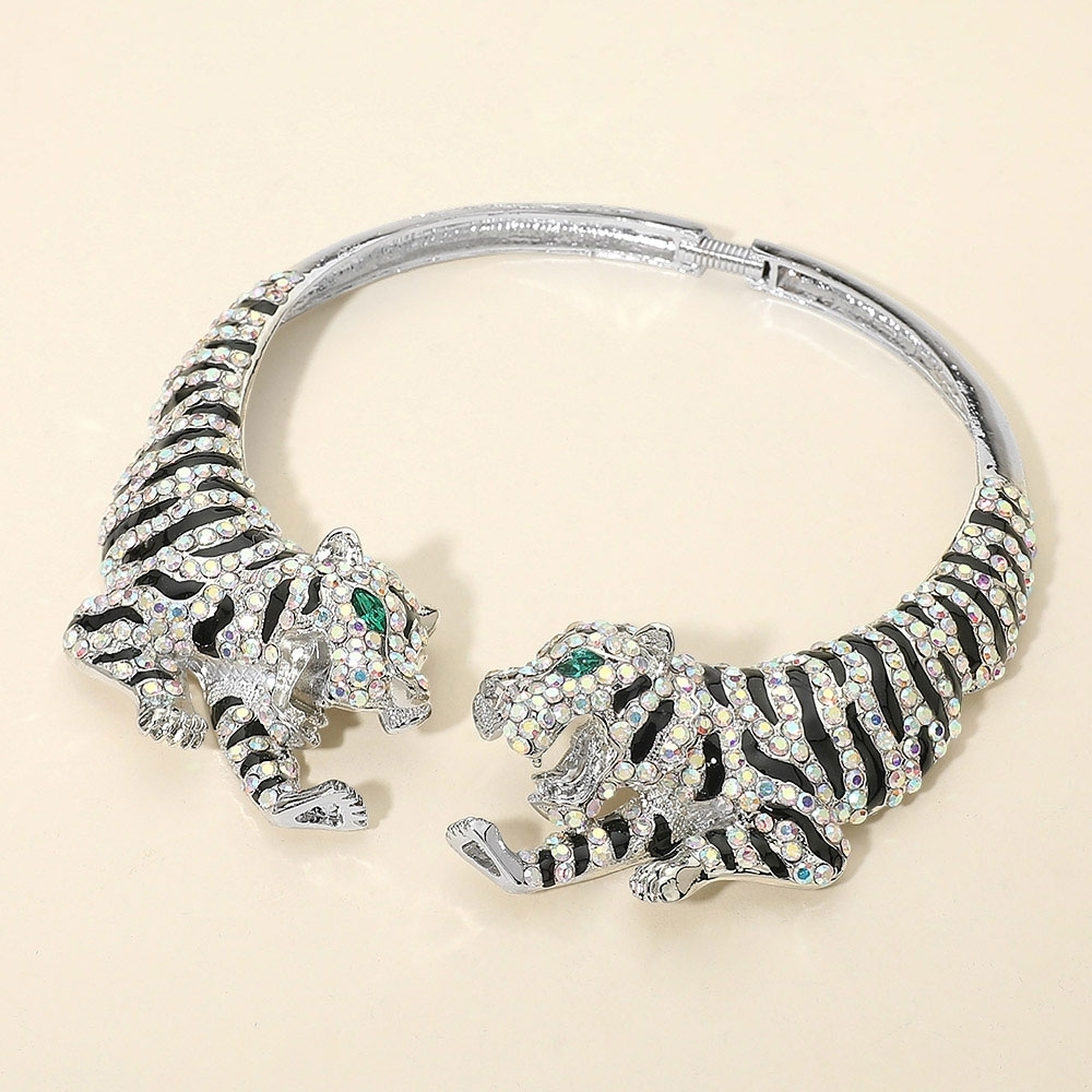 Silver Abalone Crystal Tiger Choker Necklace Hinged Green Eyed Animal Rhinestone